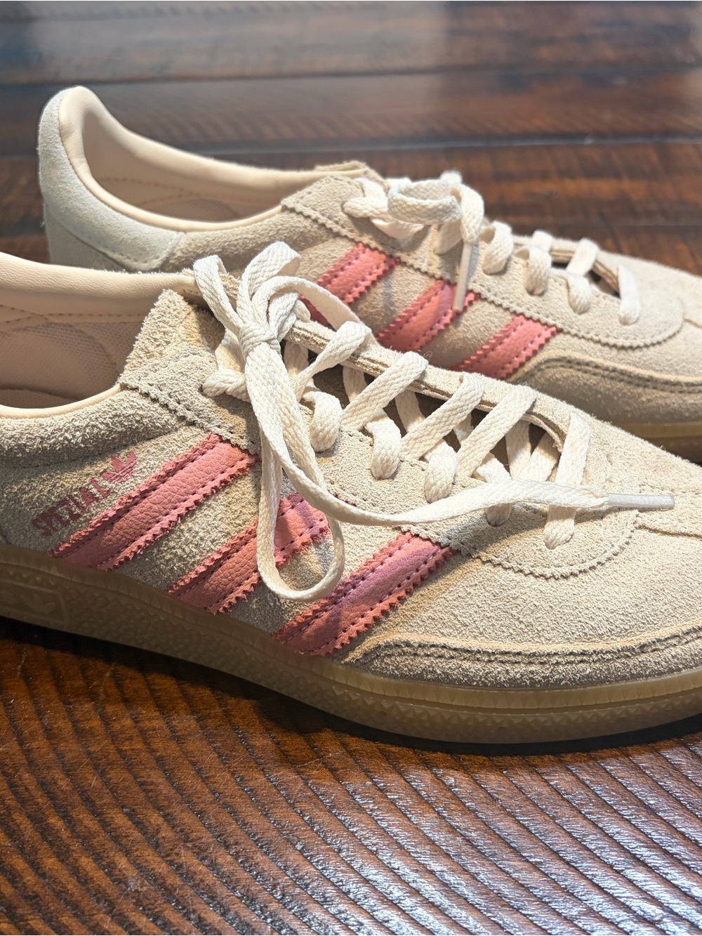 adidas Handball Spezial Women Cream Suede Sneakers with Pink Stripes